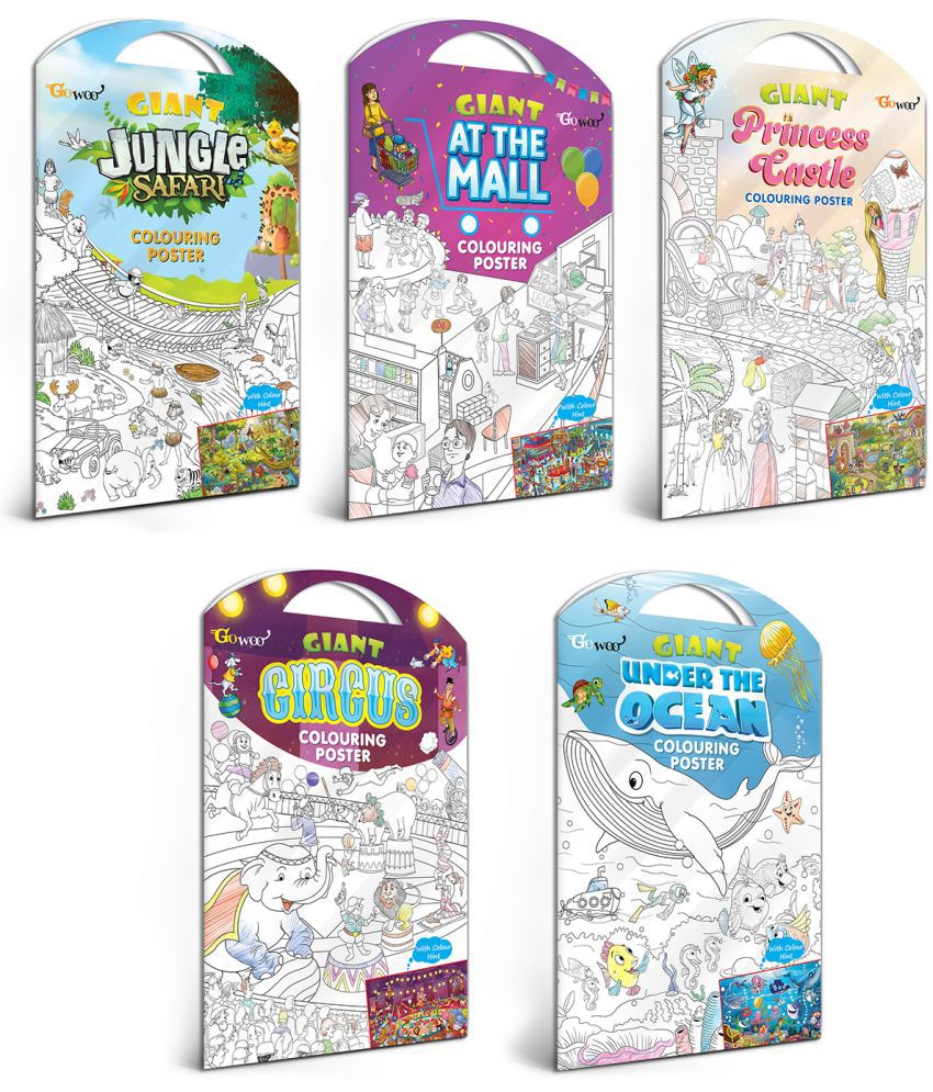     			GIANT AT THE MALL COLOURING POSTER, GIANT PRINCESS CASTLE COLOURING POSTER, GIANT CIRCUS COLOURING POSTER, GIANT DINOSAUR COLOURING POSTER and GIANT UNDER THE OCEAN COLOURING POSTER | Combo of 5 Posters I large colouring posters for adults