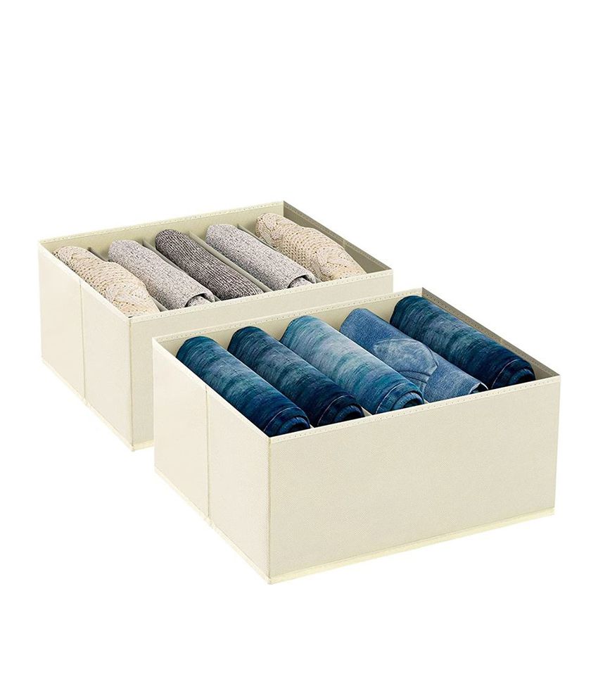     			Non-Woven 5 Compartments Foldable Wardrobe Storage Organisers for Shirt, Denims, Pants, T-Shirt,Beige (2U)