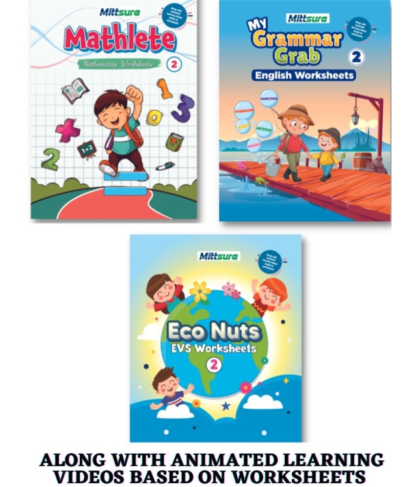     			Worksheets for Class 2, Set of 3, English,Maths, Evs