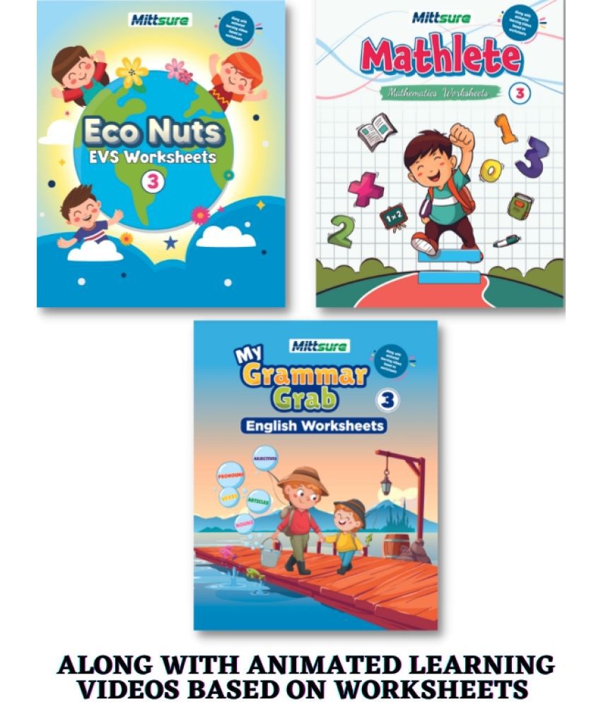    			Worksheets for Class 3, Set of 3, English,Maths, Evs