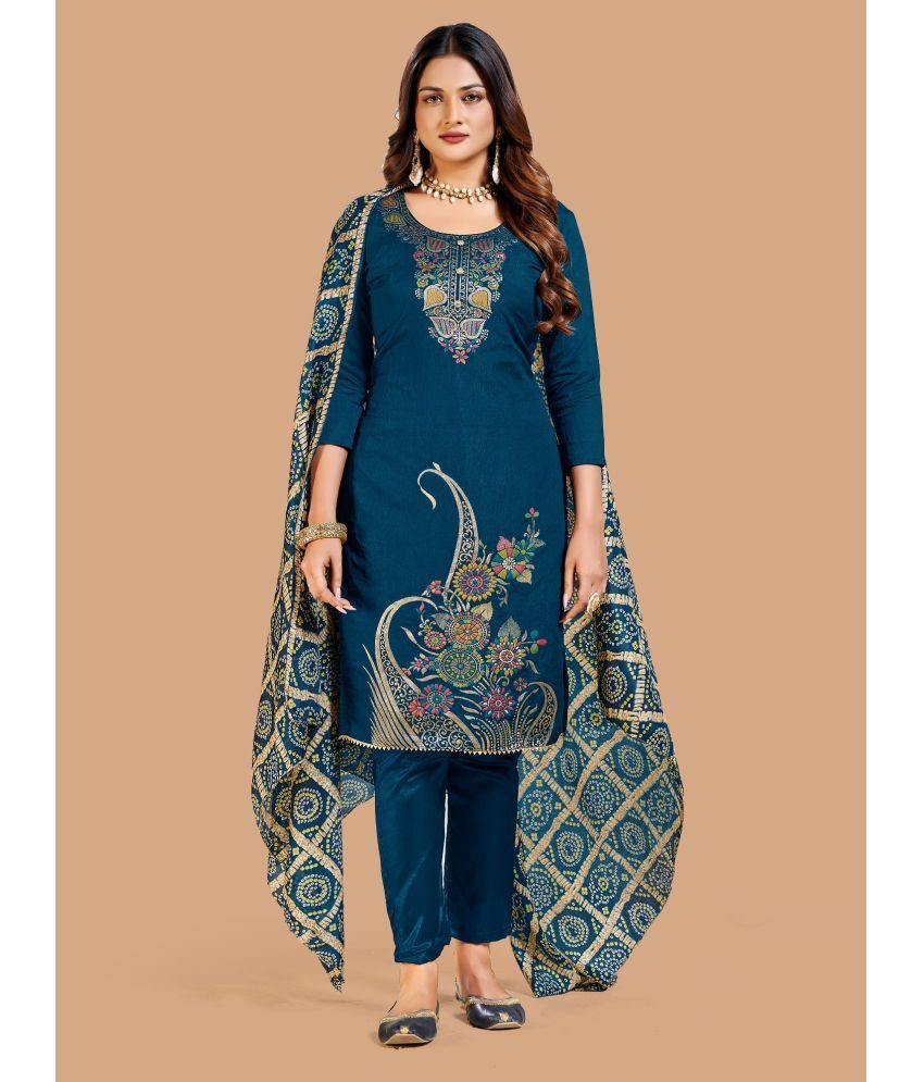     			Apnisha - Unstitched Teal Cotton Dress Material ( Pack of 1 )