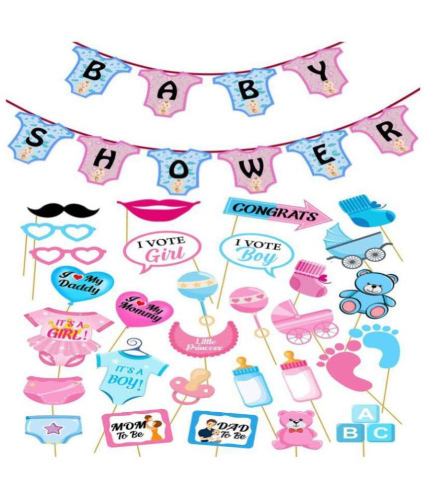     			Baby Shower Decorations Props Material Combo 1 Set Baby Shower Banner and 30 Pcs Photo Booth Props for Gender Reveal, Announcement - Babyshower Mom to Be Photoshoot Combo (Set-31)