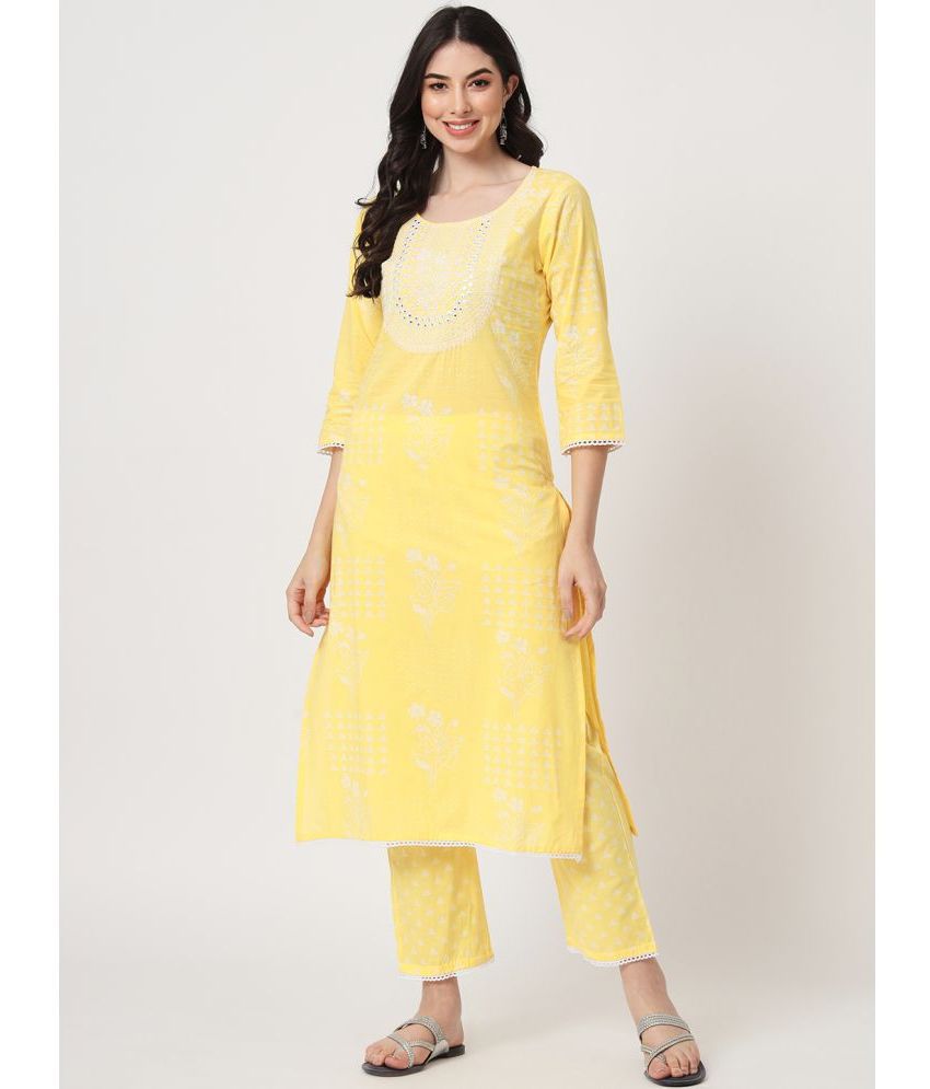     			AMIRA'S INDIAN ETHNICWEAR - Yellow Straight Cotton Women's Stitched Salwar Suit ( Pack of 1 )