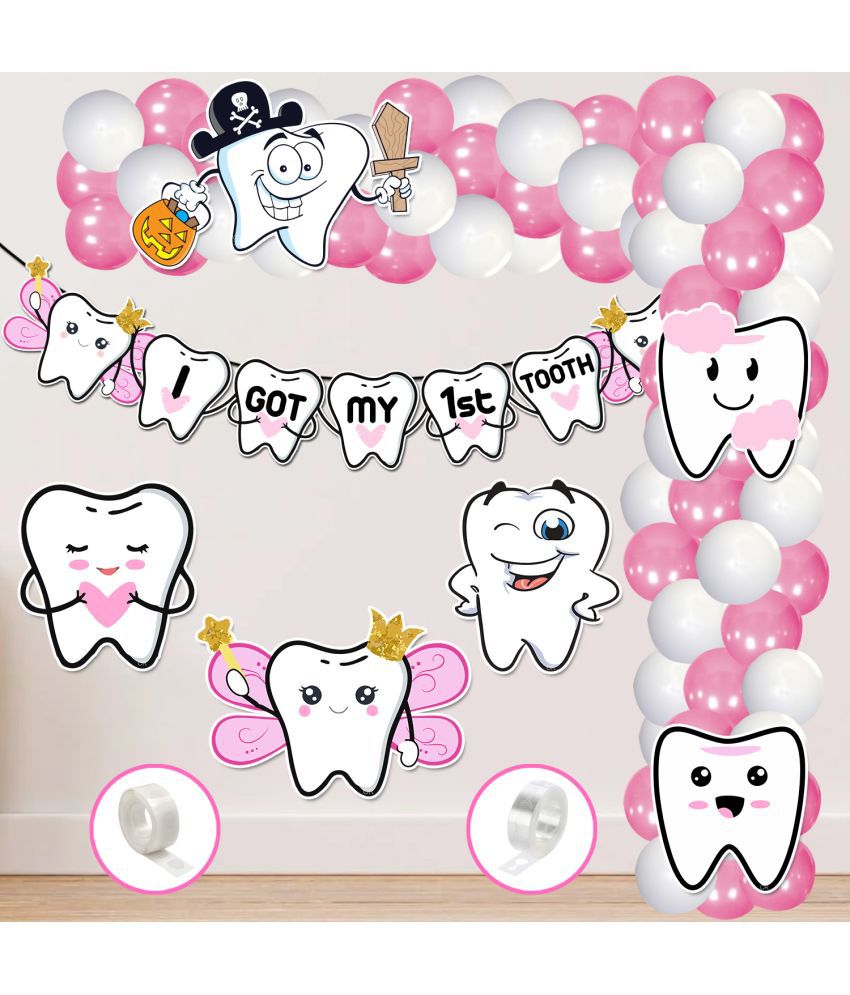     			Zyozi 59 pack I Got My First Tooth Decoration Kit included Cardstock Cutout Banner and Balloons,First Tooth Decoration Items,1st Teeth Decoration Items,Rice Ceremony Decoration (Pink)