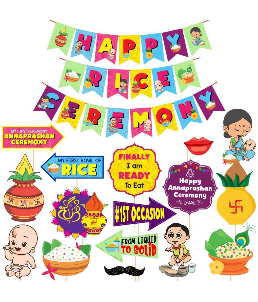     			Zyozi Rice Ceremony Decorations Items/Annaprasanam Photo Booth Props with Happy Rice Ceremony Banner Set/Rice Ceremony Props (Pack of 17)