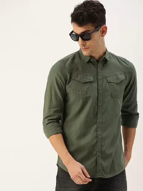 Buy FOREVER 21 Men Olive Green Solid Distressed Denim Shirt - Shirts for Men  2119105 | Myntra