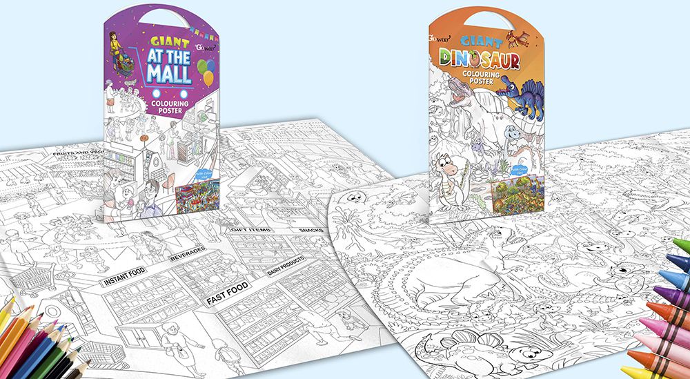     			GIANT AT THE MALL COLOURING POSTER and GIANT DINOSAUR COLOURING POSTER | Pack of 2 Posters I best for school posters