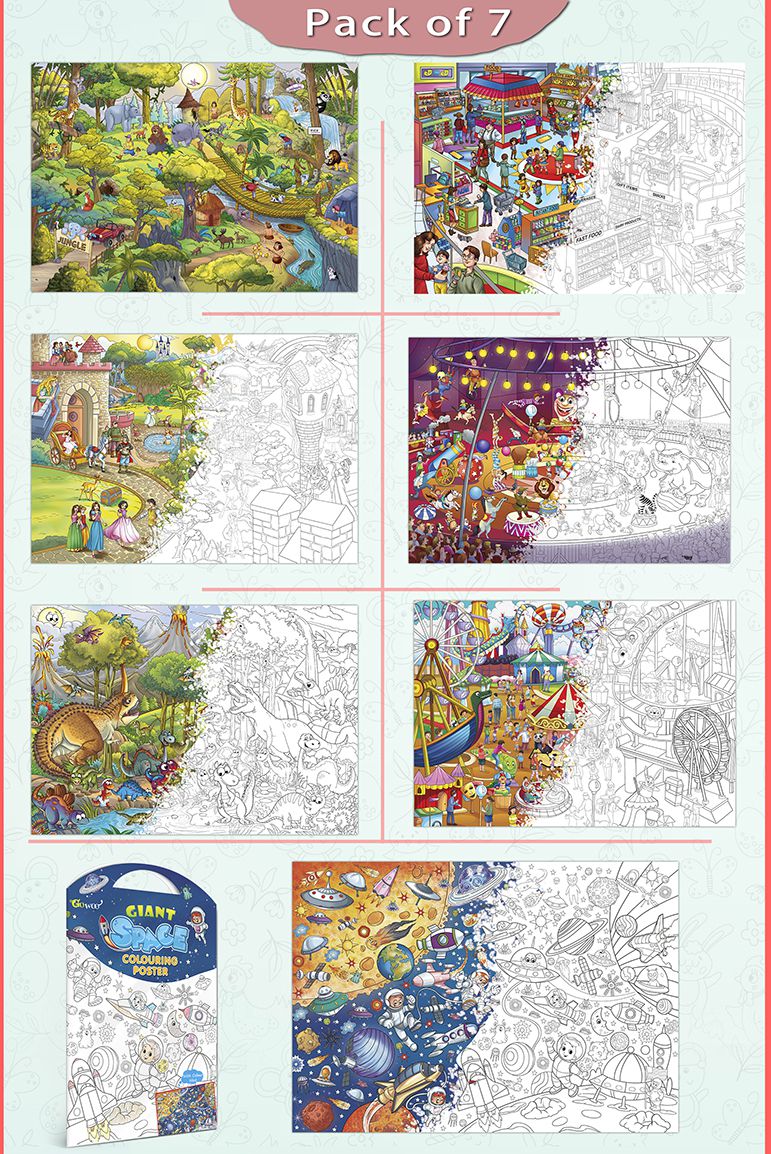     			GIANT JUNGLE SAFARI COLOURING , GIANT AT THE MALL COLOURING , GIANT PRINCESS CASTLE COLOURING , GIANT CIRCUS COLOURING , GIANT DINOSAUR COLOURING , GIANT AMUSEMENT PARK COLOURING  and GIANT SPACE COLOURING  | Set of 7
