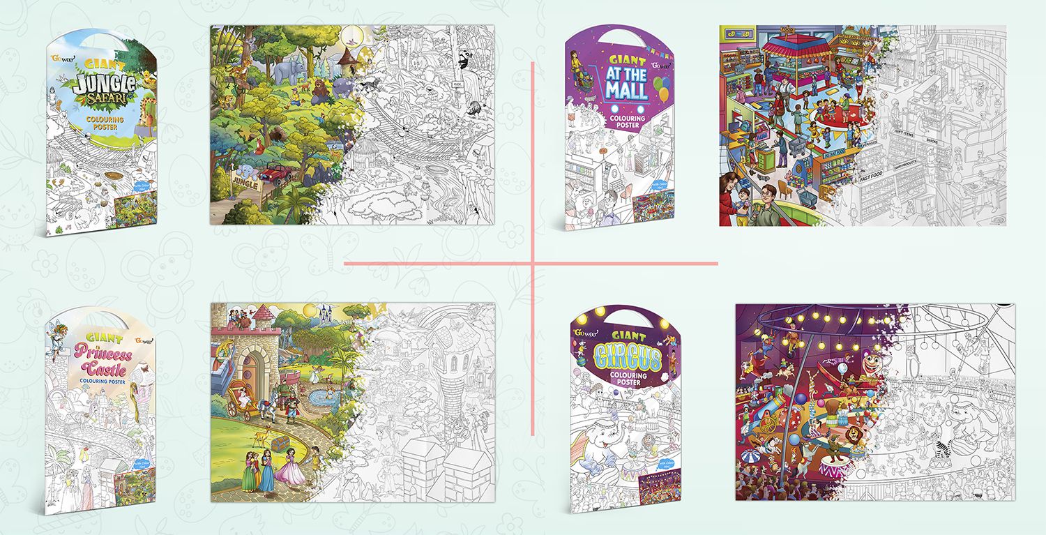     			GIANT JUNGLE SAFARI COLOURING POSTER, GIANT AT THE MALL COLOURING POSTER, GIANT PRINCESS CASTLE COLOURING POSTER and GIANT CIRCUS COLOURING POSTER | Set of 4 Posters I Giant Coloring Posters Gift Set