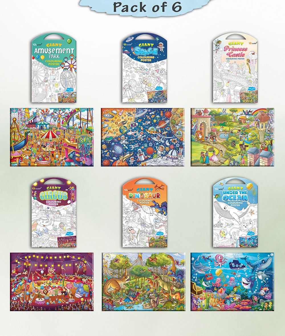     			GIANT PRINCESS CASTLE COLOURING , GIANT CIRCUS COLOURING , GIANT DINOSAUR COLOURING , GIANT AMUSEMENT PARK COLOURING , GIANT SPACE COLOURING  and GIANT UNDER THE OCEAN COLOURING  | Combo of 6 s I Collection of most loved products for kids