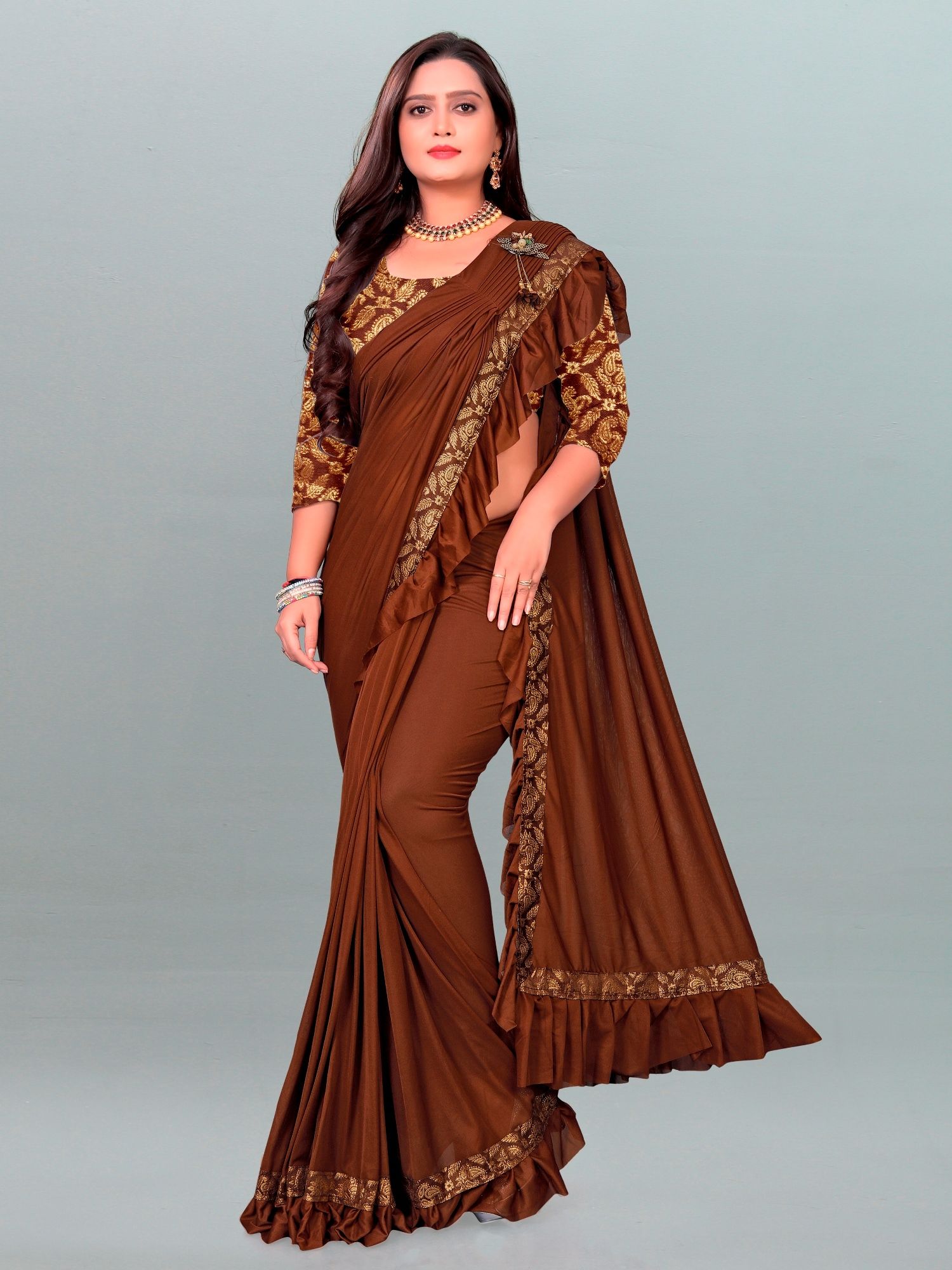     			JULEE - Brown Lycra Saree With Blouse Piece ( Pack of 1 )