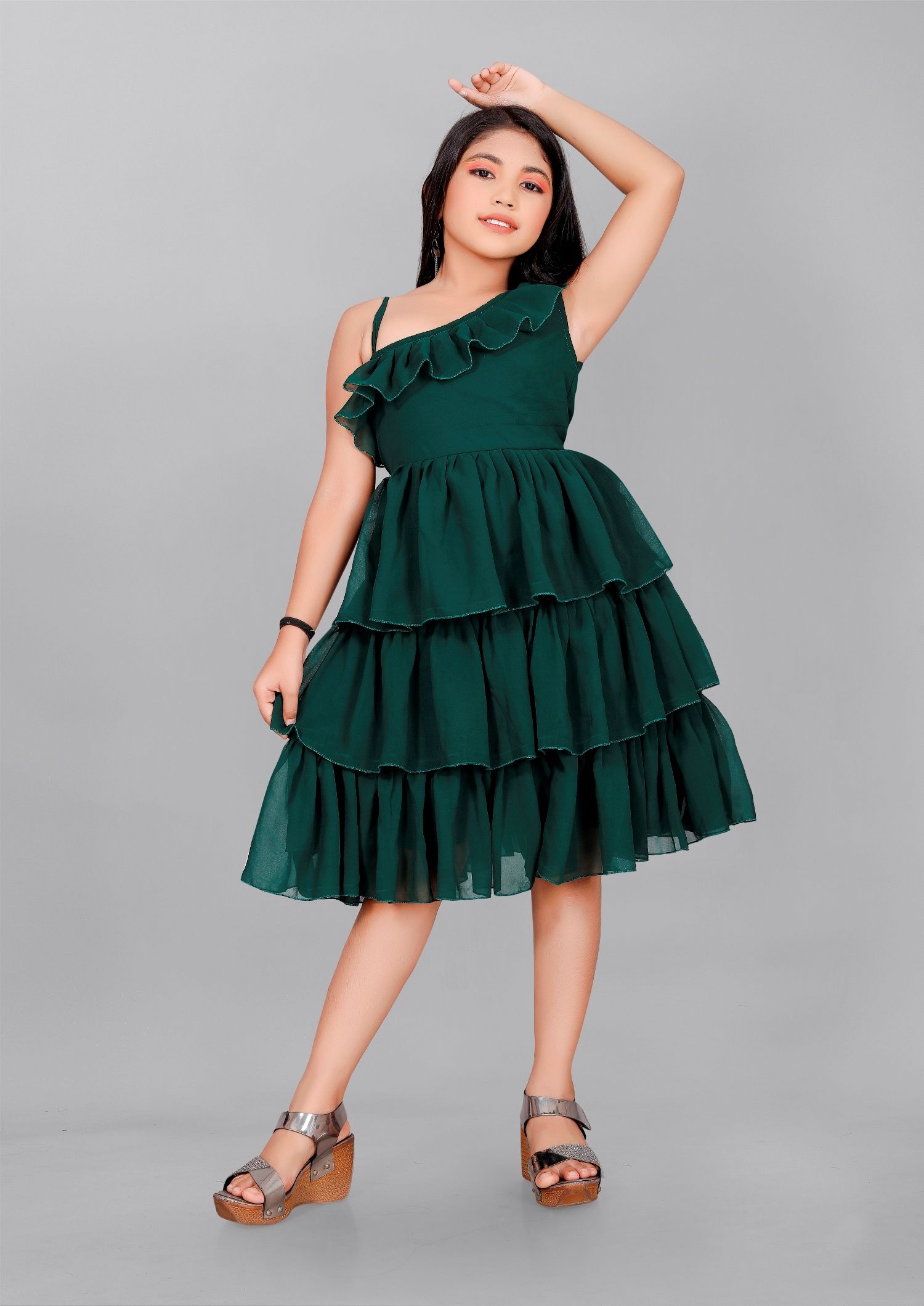     			JULEE - Green Georgette Girls Tiered Dress ( Pack of 1 )