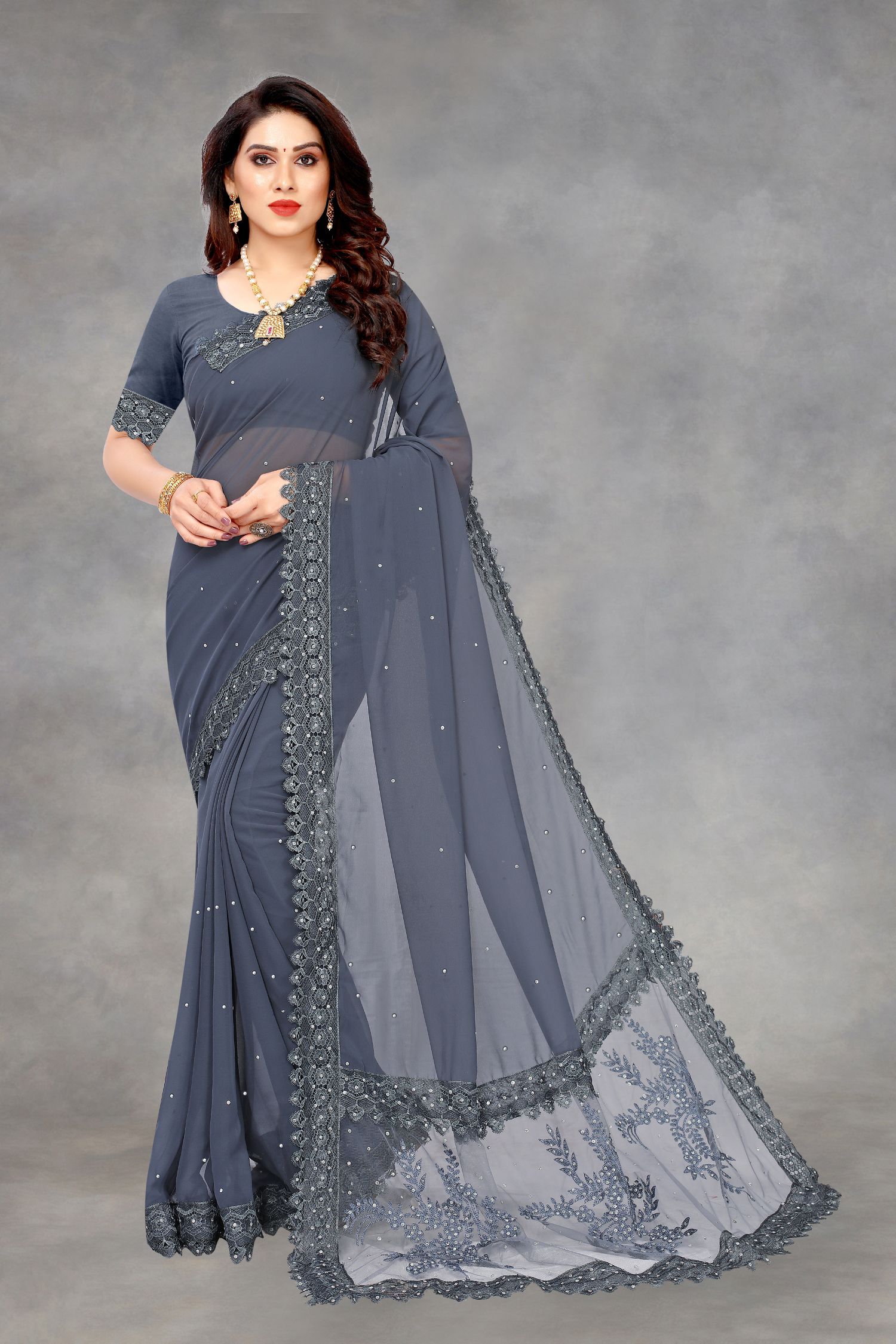    			JULEE - Grey Georgette Saree With Blouse Piece ( Pack of 1 )