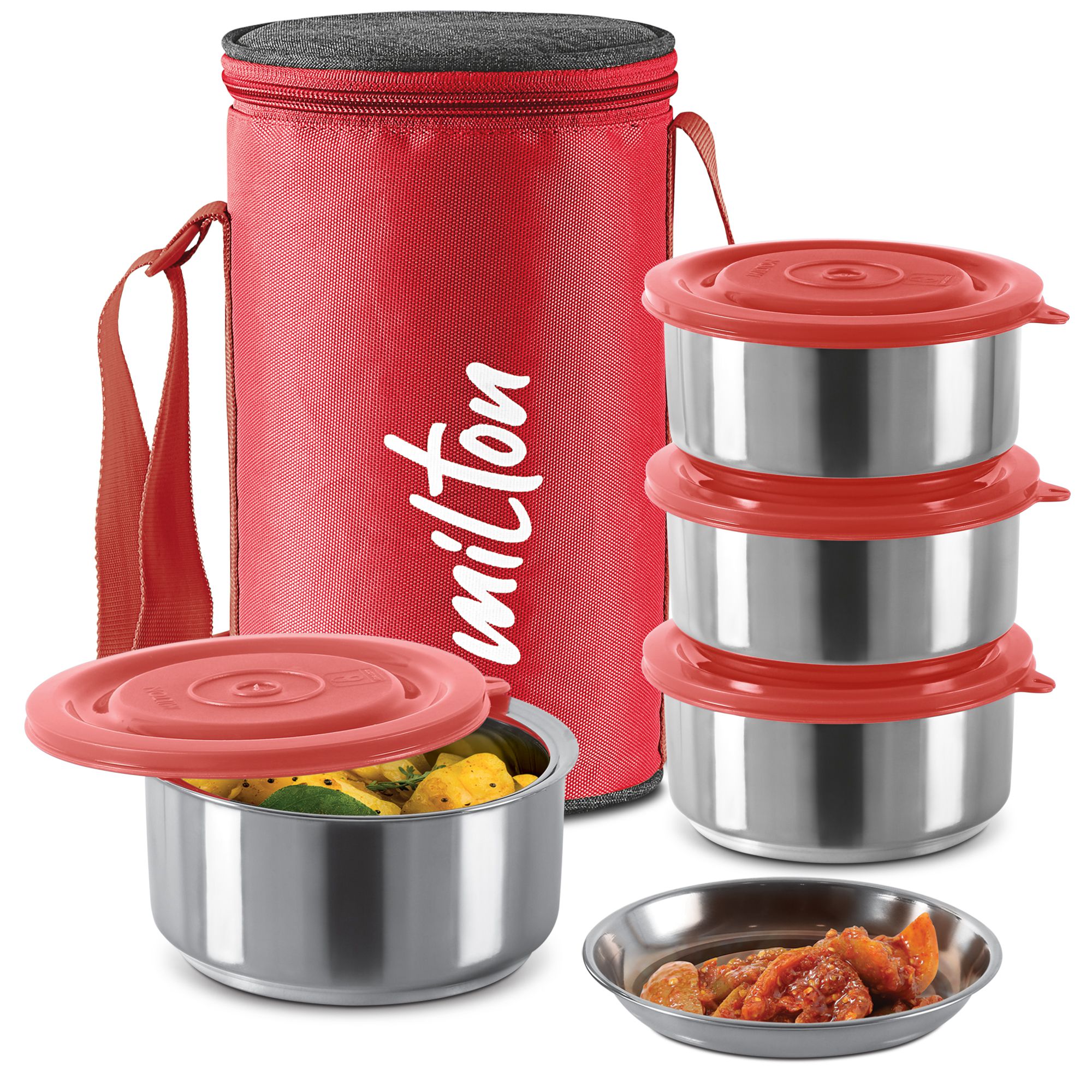     			Milton Ambition 4 Stainless Steel Tiffin, 4 Containers (300 ml Each with Jacket) Red