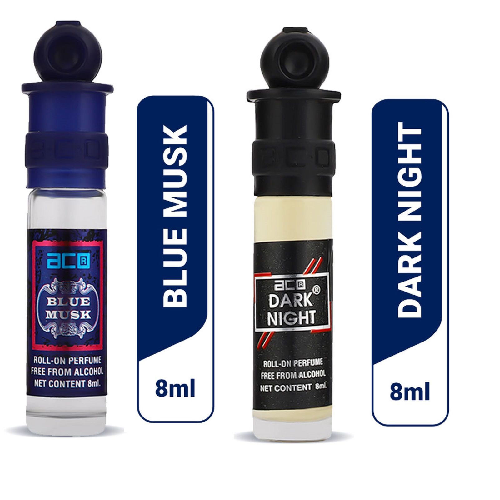    			aco perfumes Blue musk & Dark night  in blue Concentrated  Attar Roll On 8ml COMBO SET