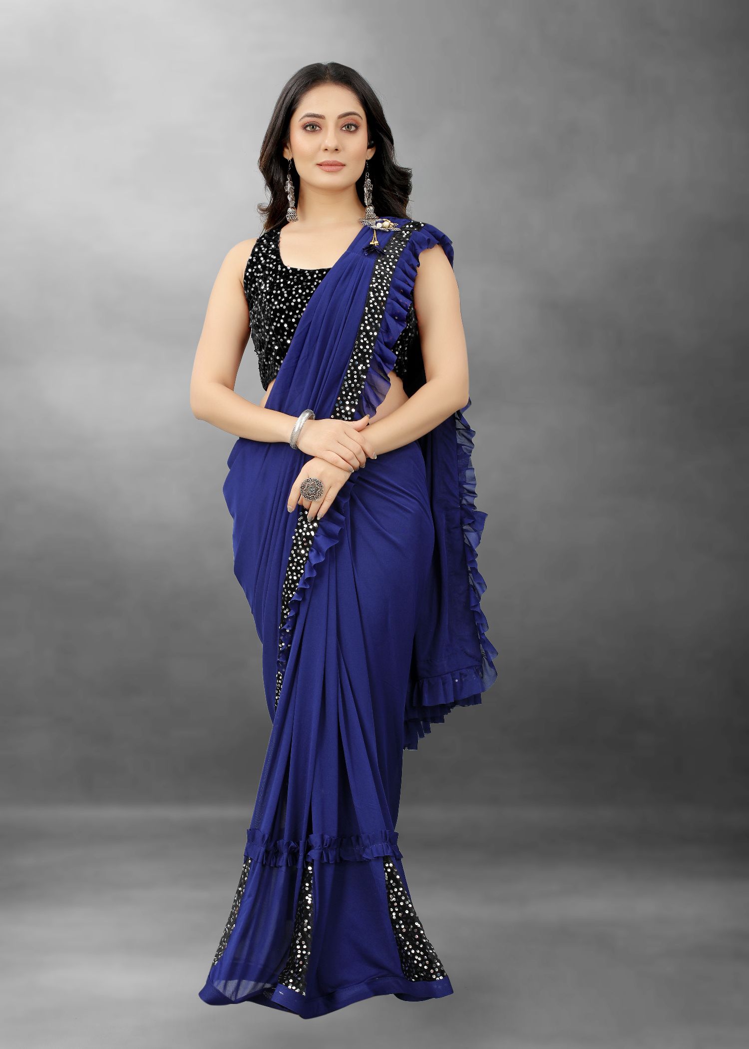     			Apnisha - Blue Satin Saree With Blouse Piece ( Pack of 1 )