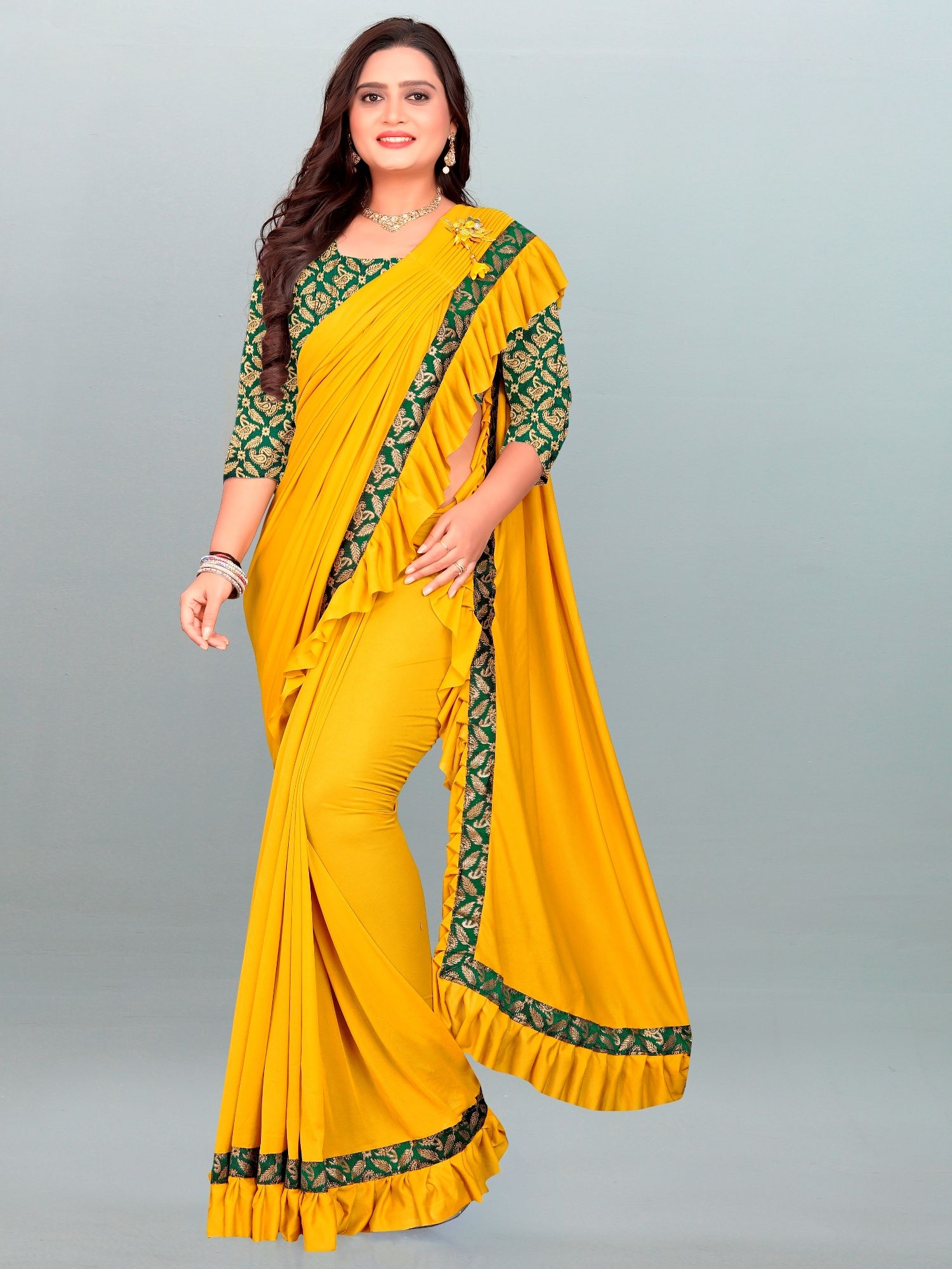     			Apnisha - Yellow Lycra Saree With Blouse Piece ( Pack of 1 )