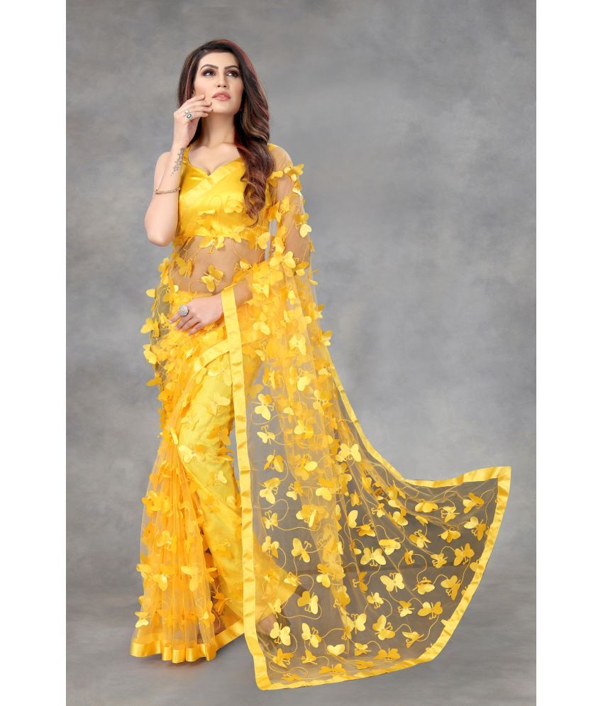     			Apnisha - Yellow Net Saree With Blouse Piece ( Pack of 1 )