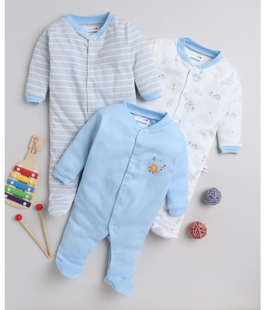     			BUMZEE - Sky Blue Cotton Rompers For Baby Boy ( Pack of 3 )