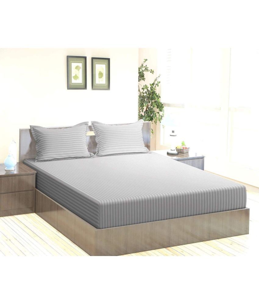     			MAHALUXMI COLLECTION Microfibre Vertical Striped 1 Bedsheet with 2 Pillow Covers - Light Grey