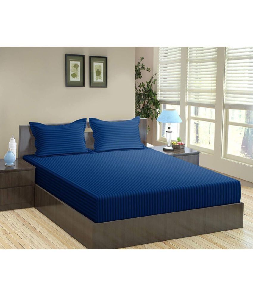     			MAHALUXMI COLLECTION Microfibre Vertical Striped 1 Bedsheet with 2 Pillow Covers - Navy Blue