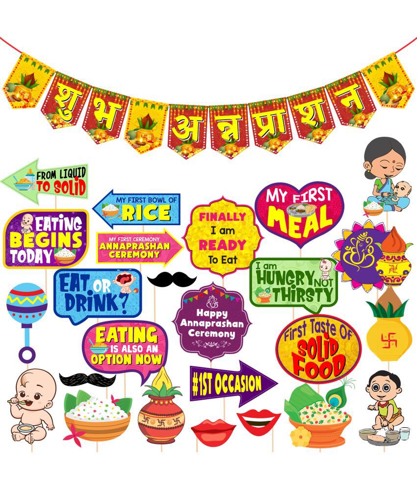     			Zyozi 25 Pcs Annaprasanam Photo Booth Props with Annaprasanam Bunting Banner Hindi Font Shubh Annaprashan Yellow & Red Color Font/Annaprashan Decoration Items (Pack of 26)