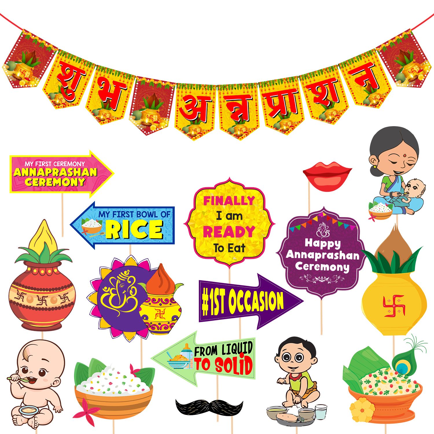     			Zyozi Annaprasanam Photo Booth Props with Annaprasanam Bunting Banner Hindi Font Shubh Annaprashan/Rice Ceremony Decorations Items/Rice Ceremony Props (Pack of 17)