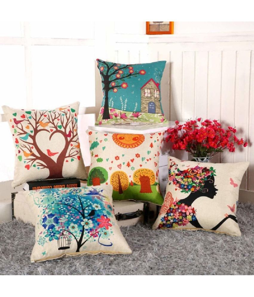     			Koli collections Set of 5 Jute Abstract Square Cushion Cover (40X40)cm - Beige