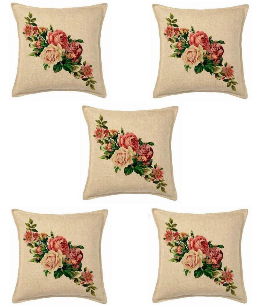     			Koli collections Set of 5 Jute Floral Square Cushion Cover (40X40)cm - Cream