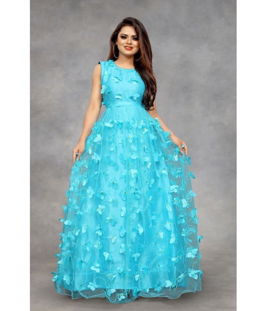     			JULEE - Turquoise Flared Net Women's Semi Stitched Ethnic Gown ( Pack of 1 )