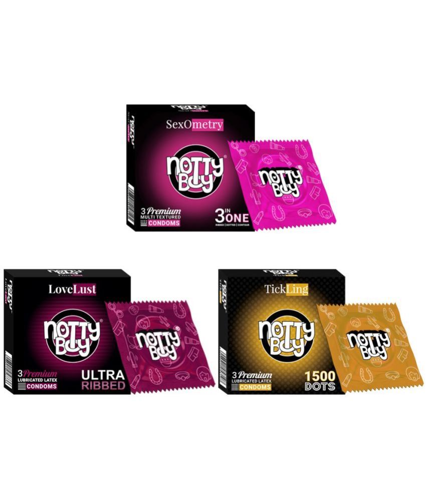     			NottyBoy Value Pack 3IN1, 1500 Extra Dots, Ultra Ribbed, Contour Condoms -  9 Units