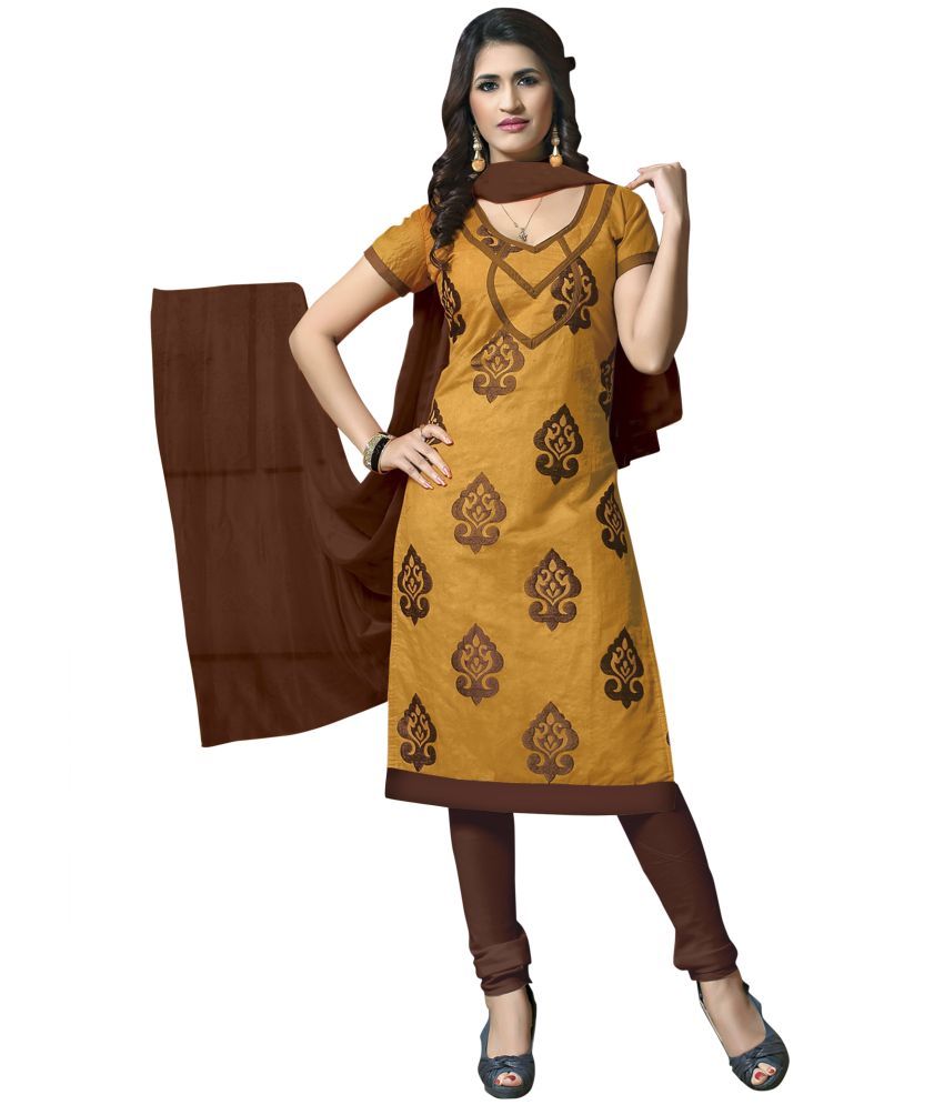     			Aika - Unstitched Mustard Chanderi Dress Material ( Pack of 1 )