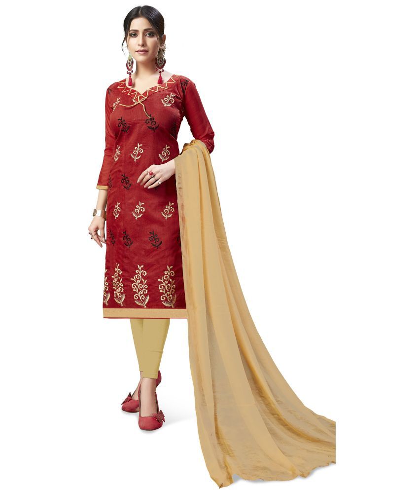     			JULEE - Unstitched Maroon Chanderi Dress Material ( Pack of 1 )