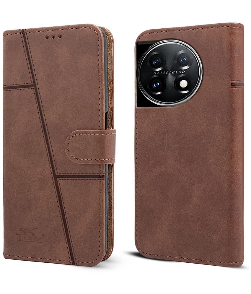     			NBOX - Brown Flip Cover Artificial Leather Compatible For Oneplus 11 ( Pack of 1 )