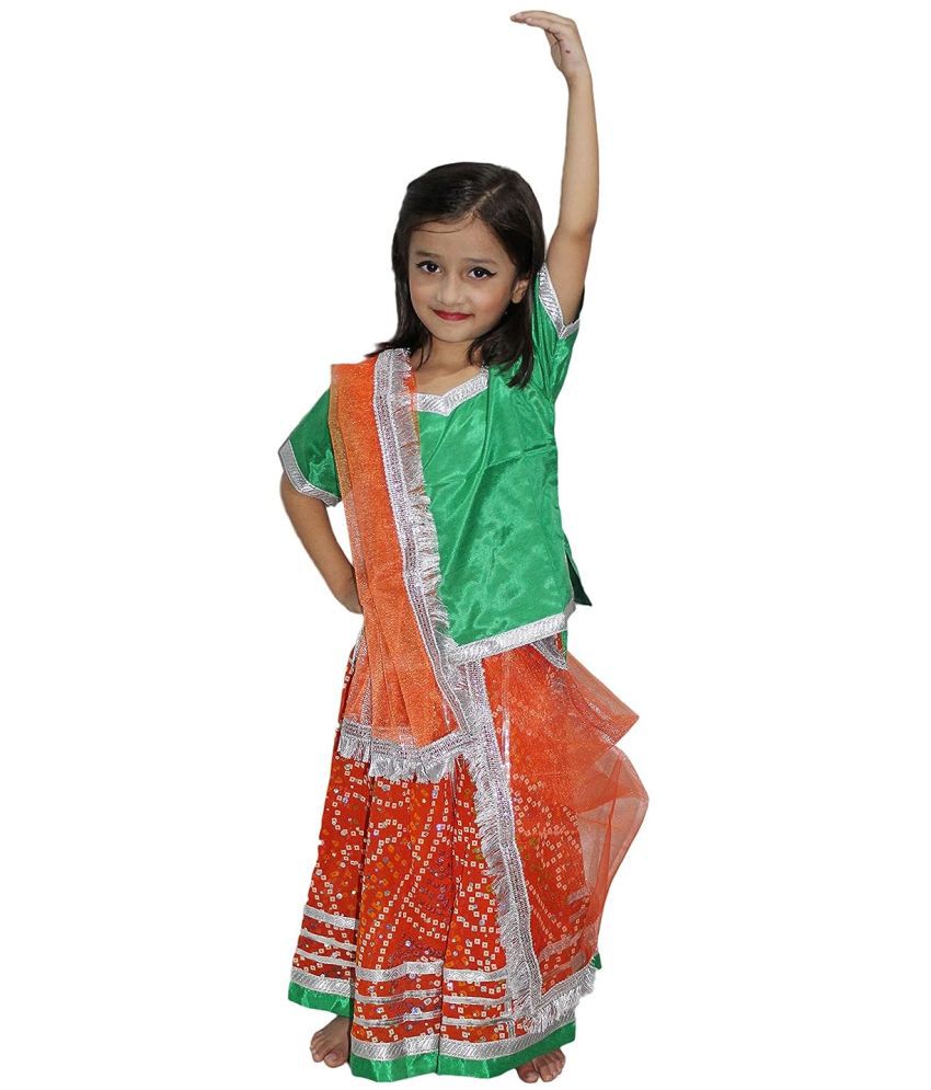     			Kaku Fancy Dresses Rajasthani Folk Dance Costume for Kids/ Lehenga Choli Costume Set - Orange, 5-6 Years, For Girls