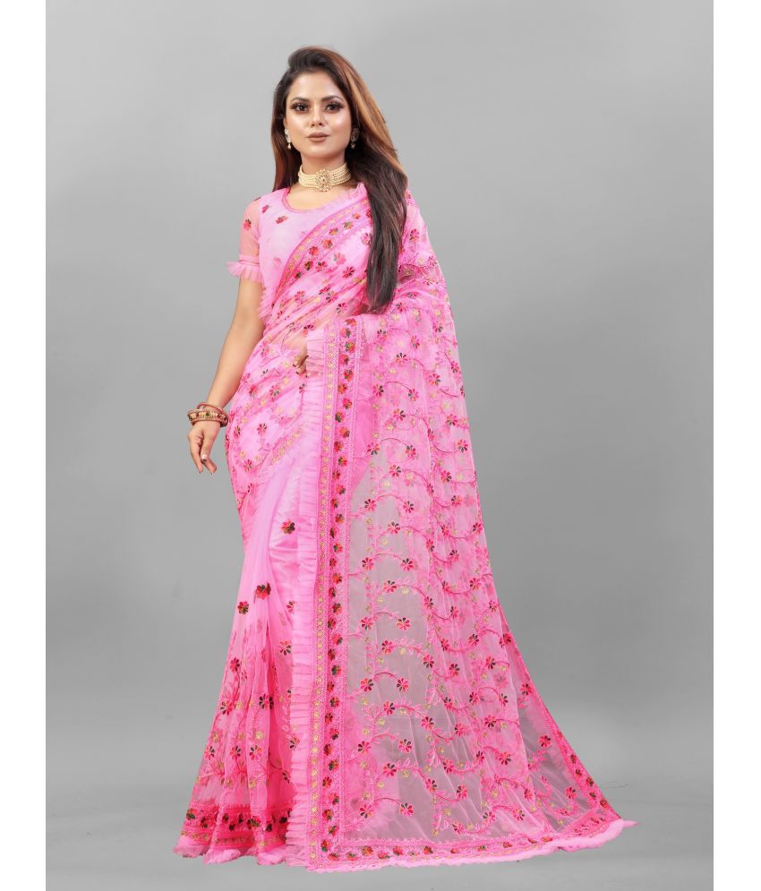     			Aika - Pink Net Saree With Blouse Piece ( Pack of 1 )