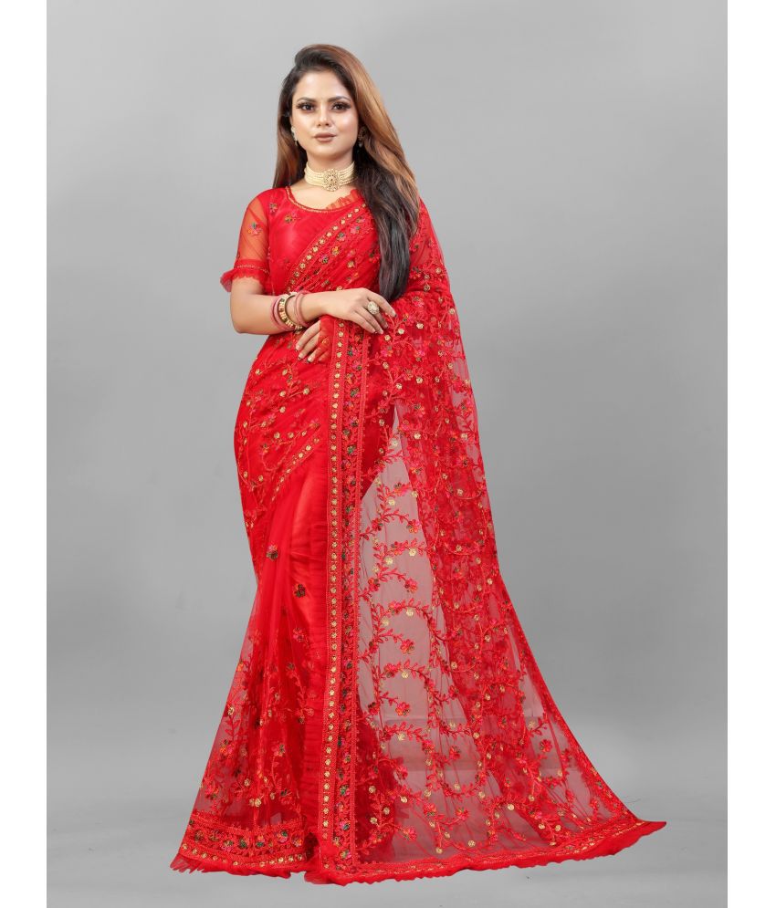     			Aika - Red Net Saree With Blouse Piece ( Pack of 1 )