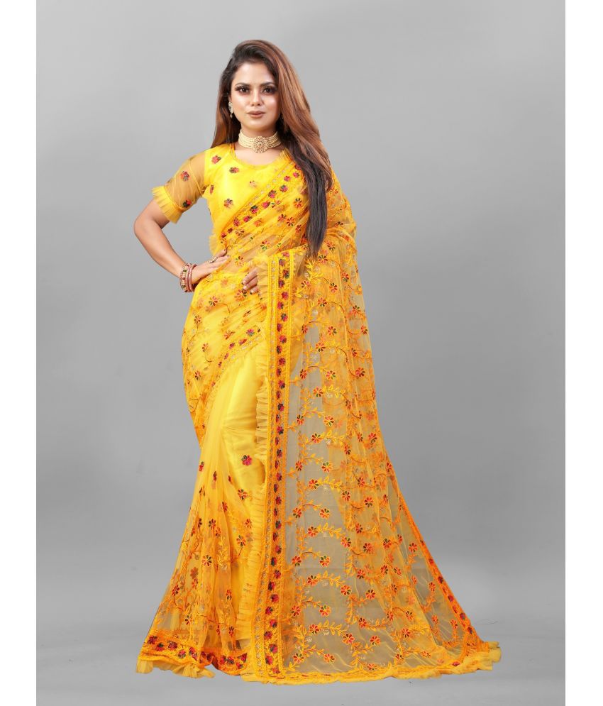     			Aika - Yellow Net Saree With Blouse Piece ( Pack of 1 )