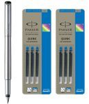 Parker Vector Stainless Steel CT Fountain Pen + Quink Ink Cartridge - Blue (Pack of 6)