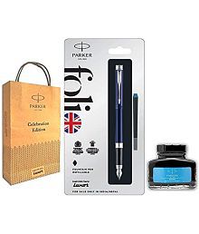 Parker Folio Standard Fountain Stainless Steel Trim Pen With Blue Quink Ink Bottle