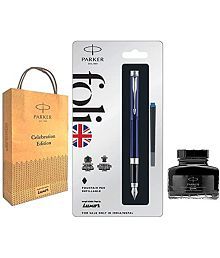 Parker Folio Standard Fountain Stainless Steel Trim Pen With Black Quink Ink Bottle (Blue+)