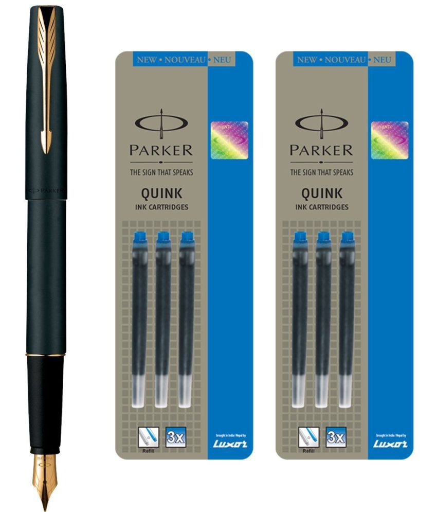     			Parker Frontier Matte Black GT Fountain Pen + Quink Ink Cartridge - Blue (Pack of 6)