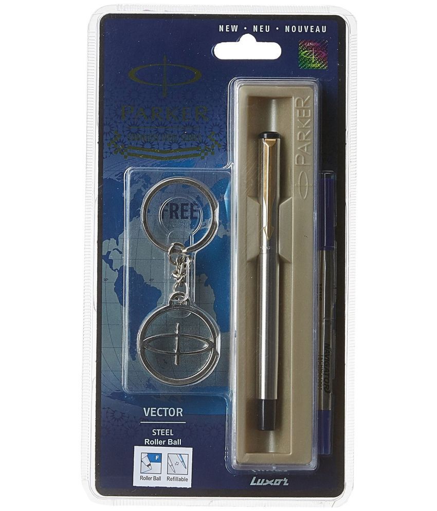     			Parker Vector Gold Trim Roller Ball Pen With Stainless Steel Key Chain, Pack Of 3