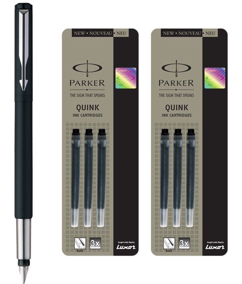     			Parker Vector Matte Black CT Fountain Pen + Quink Ink Cartridge - Black (Pack of 6)