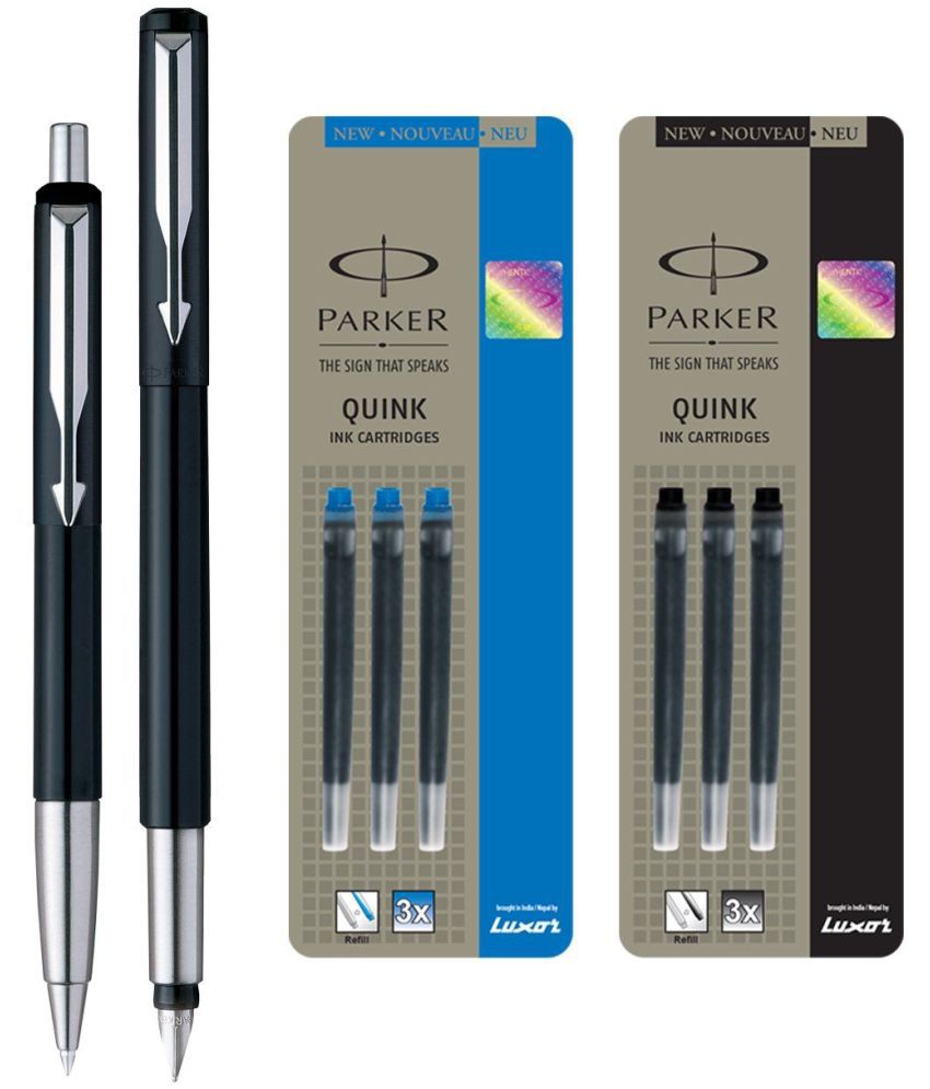     			Parker Vector Standard Sets Fountain Pen + Ball Pen - Black + Quink Ink Cartridge - Black & Blue (Pack of 6)