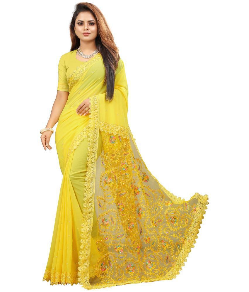     			Aika - Yellow Georgette Saree With Blouse Piece ( Pack of 1 )