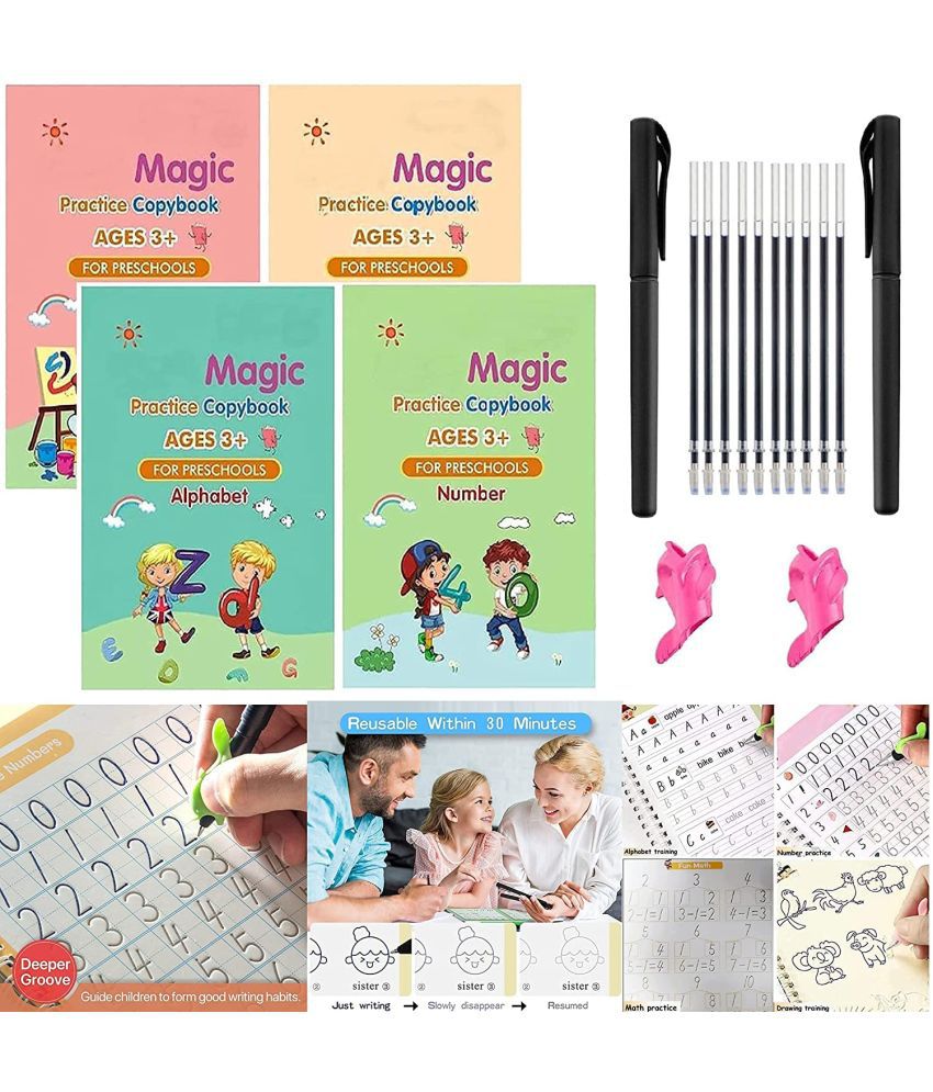     			Sank Magic Practice Copybook, Number Tracing Book for Preschoolers with Pen, Magic Calligraphy Copybook Set Practical Reusable Writing Tool Simple Hand Lettering (4 BOOK + 10 REFILL+ 1 Pen +1 Grip)