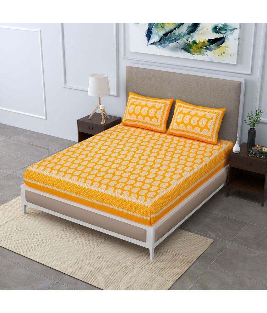     			Uniqchoice Cotton Abstract Double Bedsheet with 2 Pillow Covers - Yellow