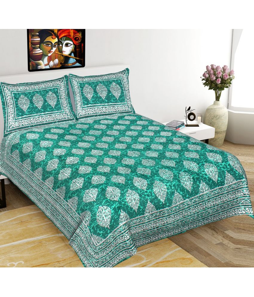     			Uniqchoice Cotton Floral Double Bedsheet with 2 Pillow Covers - Turquoise