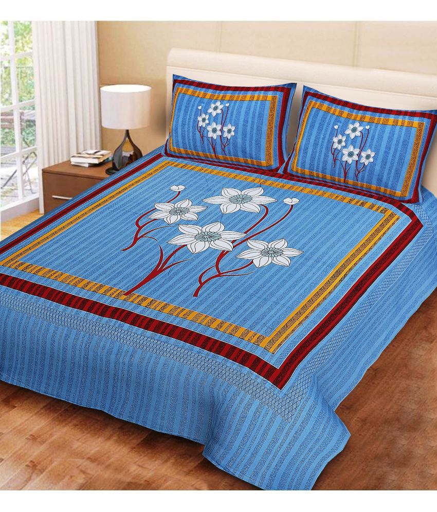     			Uniqchoice Cotton Floral Double Bedsheet with 2 Pillow Covers - Blue